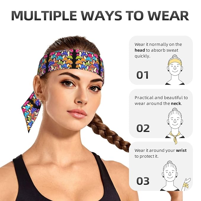 Men's Women Beauty Skinny Sports Sweatband Head Decor for Running Travel Shower, Long Multi Style Neon Mushrooms Pattern Colorful Head Ribbon Headwear
