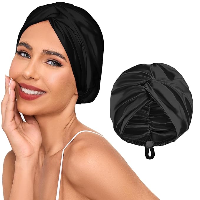 Adjustable Silk Satin Hair Bonnet for Sleeping Women, Double Layer, Silk Hair Wrap for Sleeping Women Men, Curly Natural Braid Straight Unisex - Black