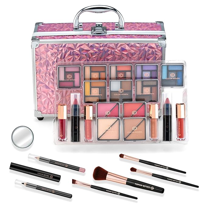 Color Nymph Starter Makeup Kit for Tweens Girls, Train Case for Women Full Kit with Eye Shadow, Lipstick, Blush, Brushes, Lipgloss, Mascara, Brow Wax and Mirror Pink Full Starter Cosmetics Set