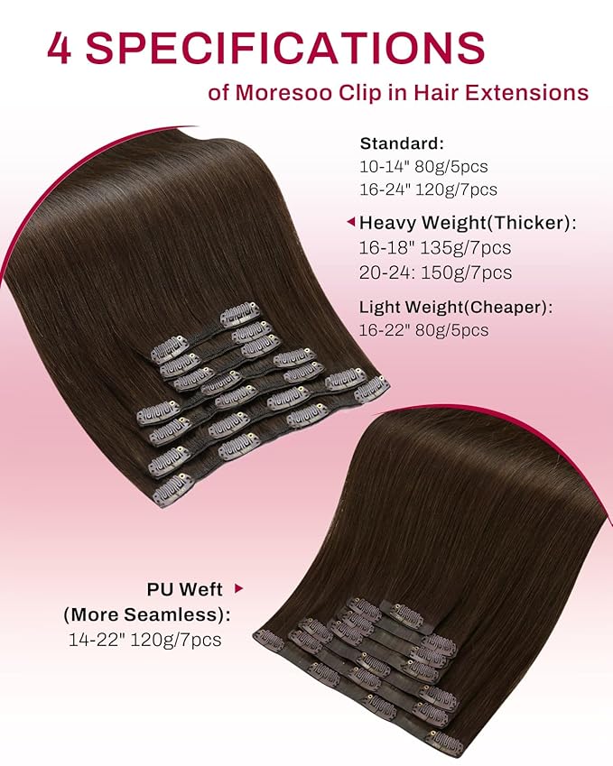 Moresoo Human Hair Clip in Extensions Brown Double Weft Silk Soft Natural Hair Extensions for Women Medium Brown #4 7pcs/150g 22inch