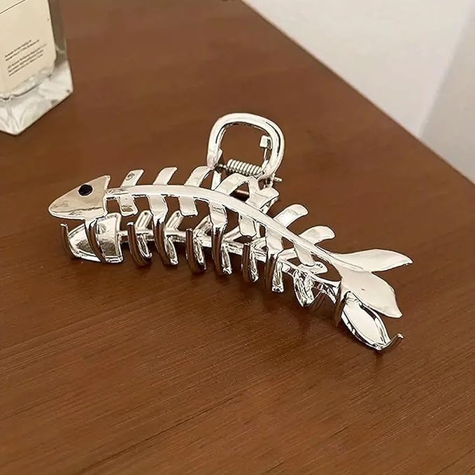 Fishbone Hair Clips Claw Non-Slip Fish Shaped Hair Claw Clips for Women and Girls - Big Metal Fishbone Hair Jaw Clamps for Secure Hair Styling and Accessories (Silver Fishbone)