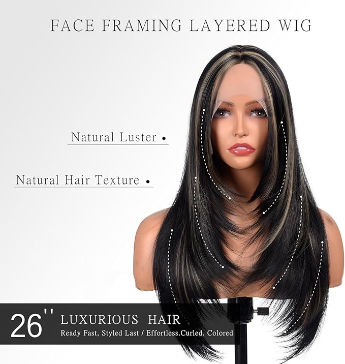 BrittyHair Black Mix Blonde Long Straight Wig for Women 26 Inches Synthetic Layered Wig 13x4x1 Black Mix Blonde Lace Front Wig Middle Part Synthetic Wigs for Daily Cosplay Party Use