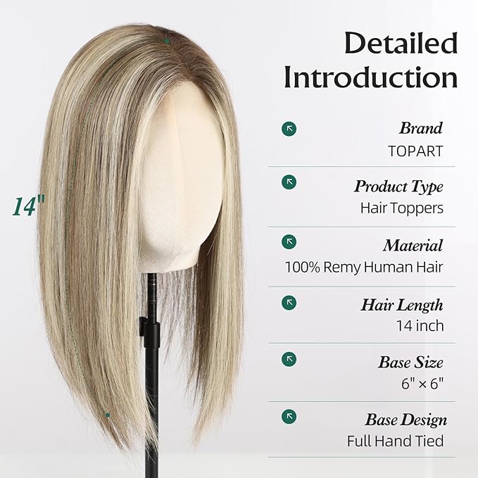 Full Hand Tied Hair Toppers for Women Remy Human Hair Lace Front Topper 14 Inch 6"×6" Partial wig Cover Thinning Hair or Loss No Bangs Top Hair Pieces (Ombre Brown Mix Platinum)
