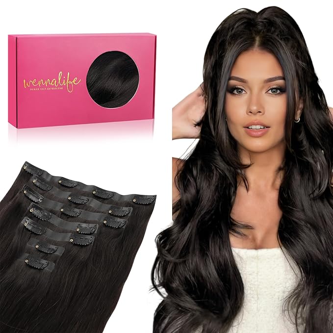 WENNALIFE Seamless Clip In Hair Extensions, 22 Inch 150g 7pcs Natural Black Hair Extensions Clip in Human Hair Invisible PU Skin Weft Natural Remy Human Hair