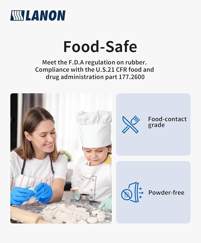 LANON Disposable Nitrile Gloves, Silicone-Free, Food-Safe, Chemical Resistant, Powder-Free, Textured Fingertips, Cooking, Cleaning, Blue, Medium