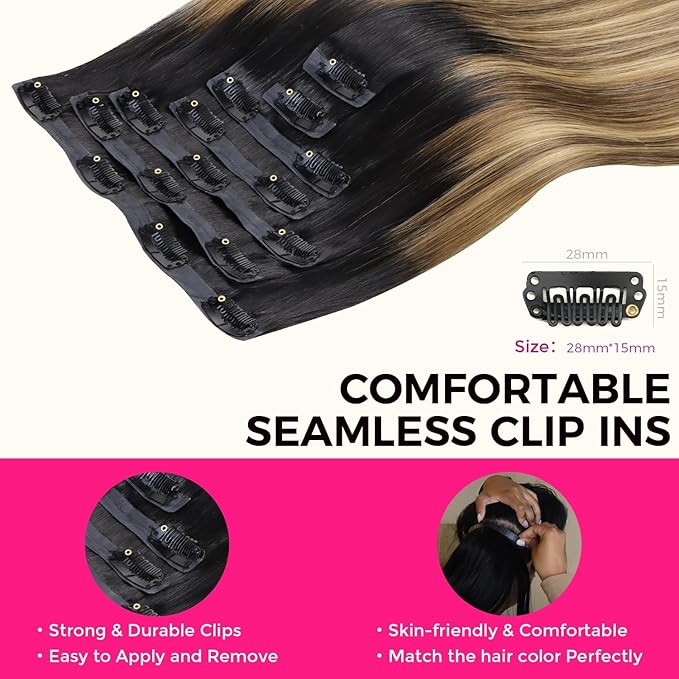 Lashey Seamless Clip in Extensions Human Hair 20 Inch 110g 7pcs Long Straight Seamless Clip in Hair Extensions Ombre Balayage Ash Brown to Honey Blonde with Dark Roots Hair Extensions Real Human Hair