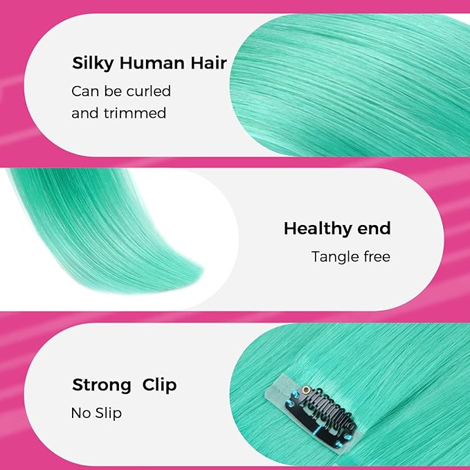 Lashey Clip in Hair Extensions Real Human Hair Green 4pcs 50g Seamless Clip in Hair Extensions Human Hair 22 Inch Long Straight Hair