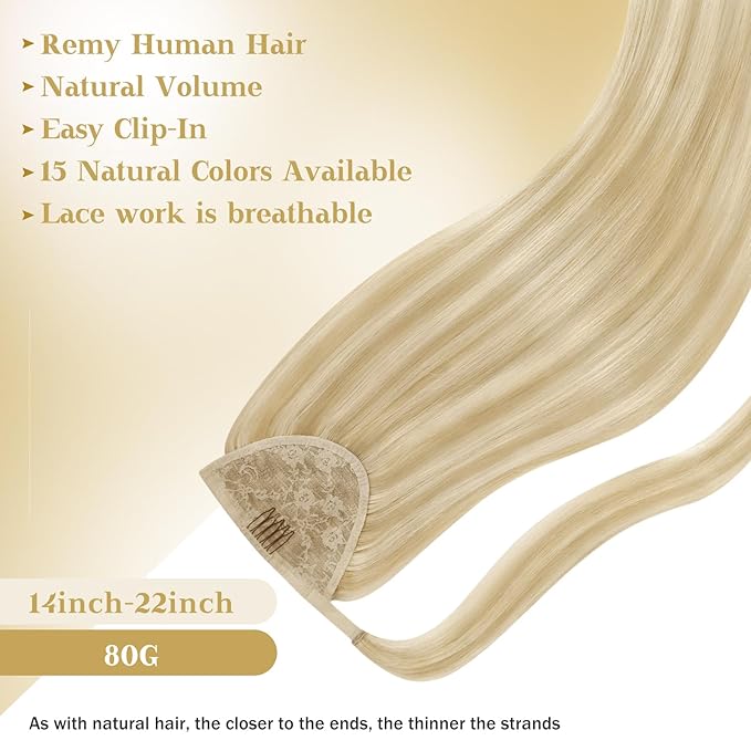 Ve Sunny Hair Extensions Ponytail Real Human Hair Wrap Around Clip in Ponytail Hair Extensions Straight Extensions Human Hair for Women Strawberry Honey Blonde Highlights Bleach Blonde 16inch 80G
