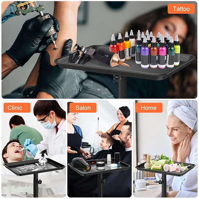 JOSTZHXIN Salon Rolling Tray, Premium Aluminum Tattoo Tray, Salon Rolling Cart Adjustable Height, SPA Service Rolling Trolley Tray for Beauty Hairstylist Dental Clinic,Black