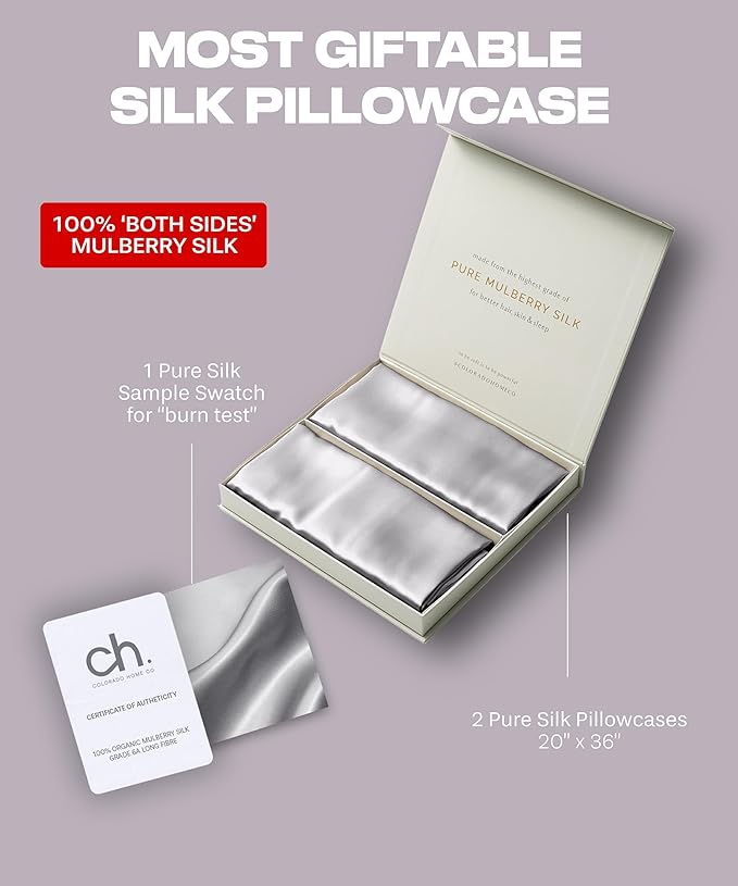 Colorado Home Co 100% Mulberry Silk Pillowcase Set of 2, King Size, Silver Grey, 22 Momme 6A Silk, Zipper Closure