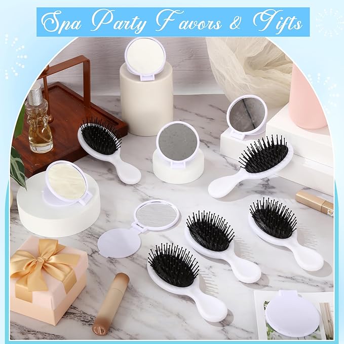 Meanplan 48 Pcs Mini Hair Brush Set 24 Travel Wet Dry Hair Combs Pocket Detangling 24 Compact Folding Makeup Mirrors for Spa Sleepover Birthday Bridal Shower Bachelorette Christmas Party Gift(White)