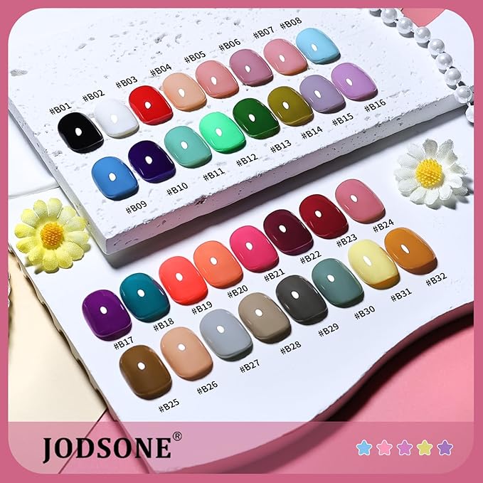 JODSONE 32 Colors Gel Nail Polish Set Same Color Same Bottle No Wipe Base Top Matte Glitter Coat Professional Choice