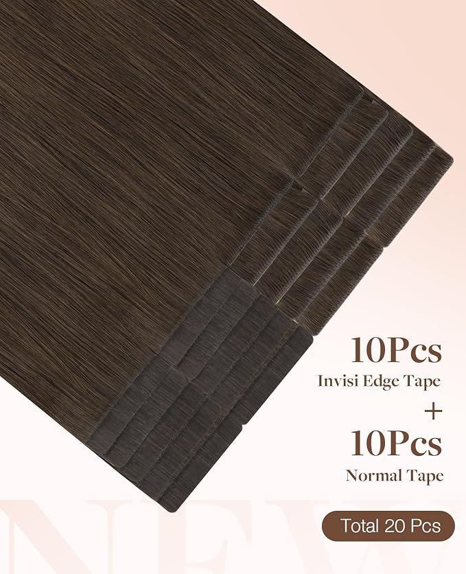 GOO GOO Invisi Edge Tape in Hair Extensions Human Hair, 2A Light Brown 10pcs injected with 10pcs classical tape ins, 14inch 50g, Virgin Remy Hair, Natural Look