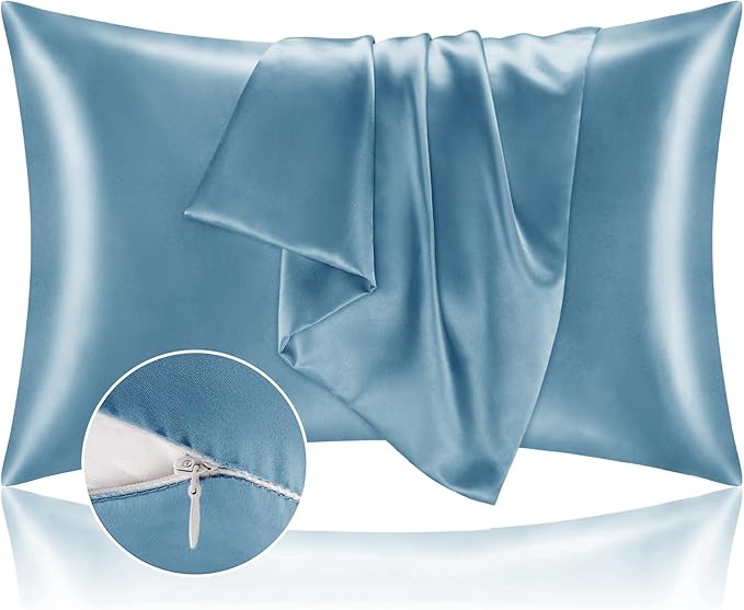 BEDELITE Satin Pillowcase with Zipper 2 Pack, Airy Blue Pillow Cases Standard Size, Super Soft and Cooling Similar to Silk Pillow Cases, Gift for Women Men(20x26 Inches)