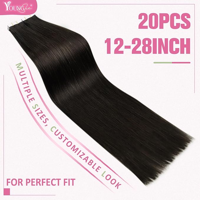 YoungSee 28 Inch Tape in Hair Extensions Real Human Hair Brown 20pcs 50g Invisible Tape in Extensions Human Hair Dark Brown Tapes on Remy Hair Extension for Long Straight Hair