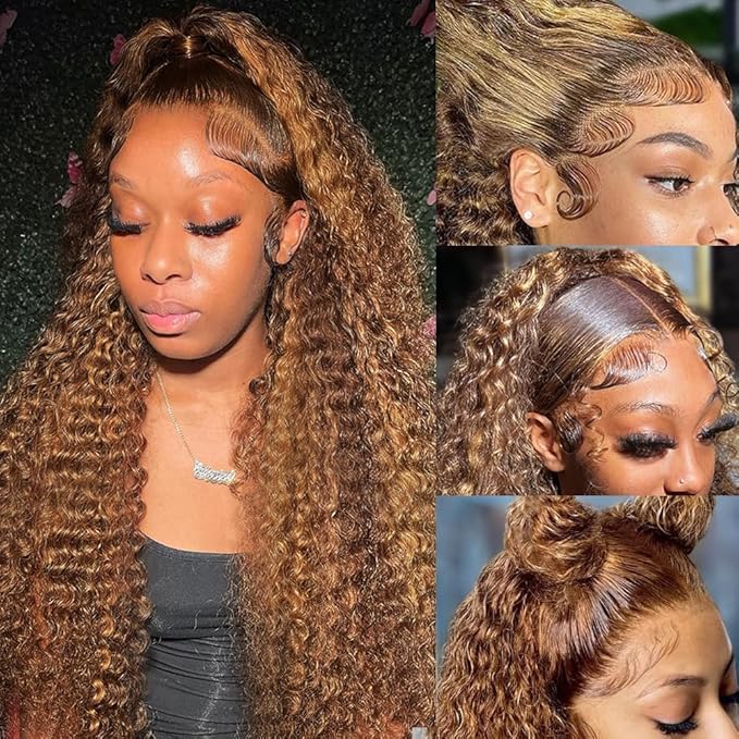 Hidden Strap 360 Water Wave 220% Density Honey Blonde Deep Curly Human Hair wig Ombre Deep Wave 4/27 Highlight Lace Front Wigs Pre Plucked Wet And Wavy Water Wave Wig for Women 20 Inch