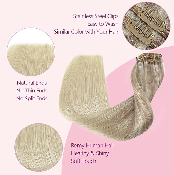 PINKPEARL Clip in Hair Extensions Straight Human Hair #18/22/60 Balayage Ash Blonde to Golden Blonde and Platinum Blonde 7pcs 120g 14 Inch Real Hair Clip in Extensions(#18/22/60-14)