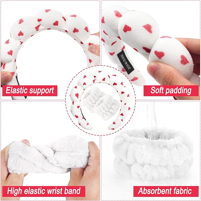 Zkptops Spa Headband for Washing Face Wristband Set Sponge Makeup Skincare Velvet Fabric Bubble Soft Get Ready Hairbands for Women Puffy Headwear Non Slip Thick Thin Hair Accessory (Red Heart)