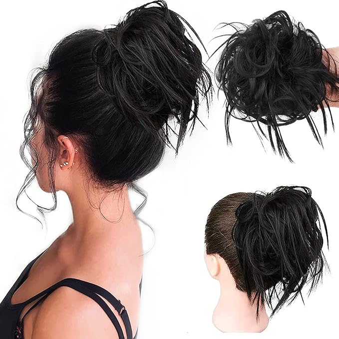 HMD Tousled Updo Messy Bun Hair Piece Hair Extension Ponytail With Elastic Rubber Band Updo Extensions Hairpiece Synthetic Hair Extensions Scrunchies Ponytail Hairpieces for Women(Natural Black 2#)