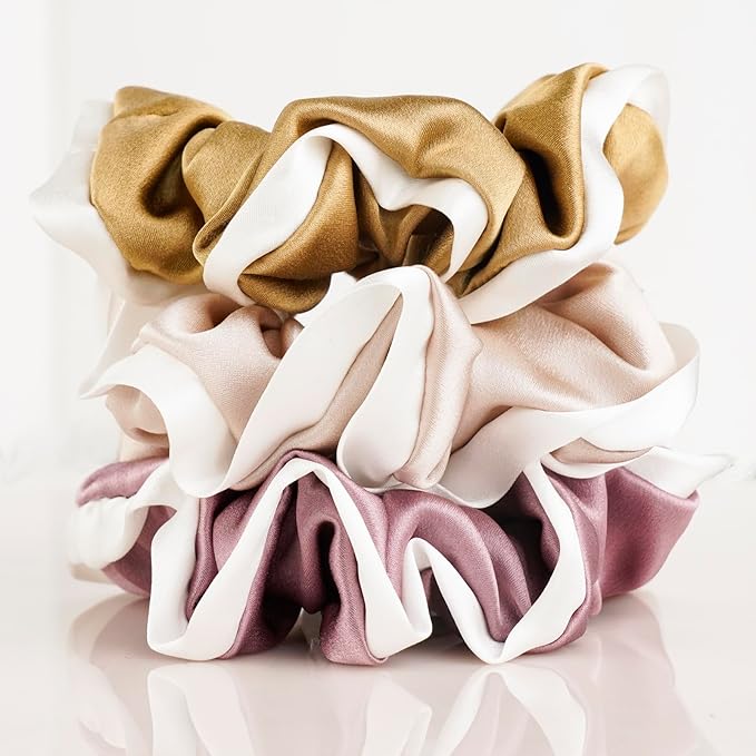 Silmer Silk Scrunchies for Hair 100% Mulberry 3 Pack(Pale Mauve, Apricot,Champaign Gold)