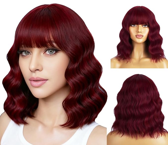 BERON 14 Inches Red Wig Short Curly Wigs Wine Red Wigs with Bangs for Women Synthetic Wig with Hairnet