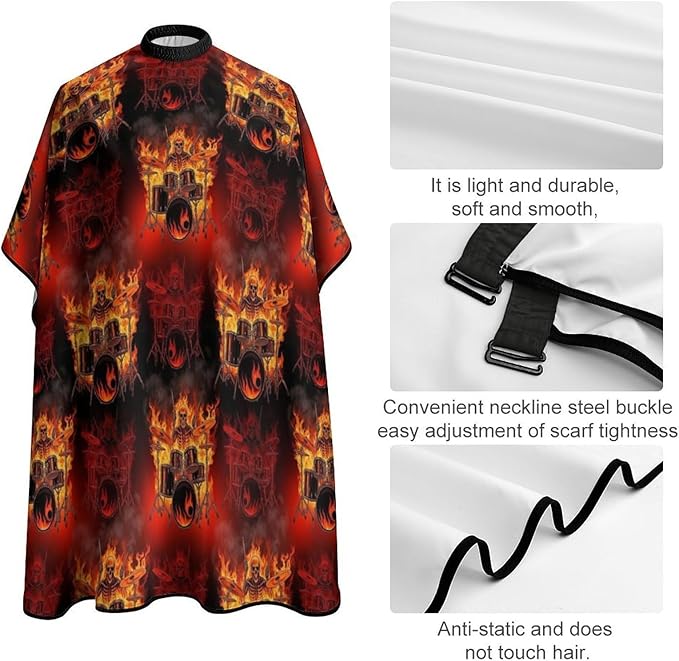 Extra Long Professional Salon Cape, Haircut Apron Rock Drum Fire Flame Skull Skeleton Hair Cutting Gown for Styling Hair Cut Hairdresser