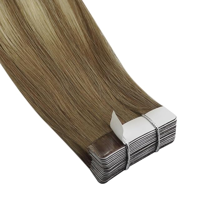 YoungSee Tape in Hair Extensions Human Hair Brown Tape in Hair Extensions Balayage Tapes ins Human Hair Extension Light Brown Ombre Platinum Blonde Hair Extension Tape-in 18 Inch 20pcs 50g