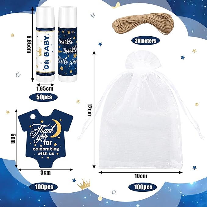 Demissle 50 Pcs Baby Shower Lip Balm Gift Set with 100 Pcs Organza Bags Baby Shower Party Favor for Guest Thank You Tag Rope Baby Shower Party Decoration Gender Reveal Souvenirs(Night)