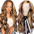 13x4 HD Body Wave Highlight Ombre Lace Front Wig Human Hair Pre Plucked 4/27 Honey Blonde Lace Frontal Wig For Women with Baby Hair 200% Density Glueless Body Wave Colored Lace Front Wig 18 Inch