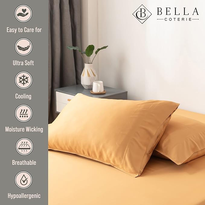 Bella Coterie | Luxury Bamboo Viscose Queen Size Pillowcase Set | 100% Organically Grown | Ultra Soft | Cooling | 2 Pcs [Marigold]