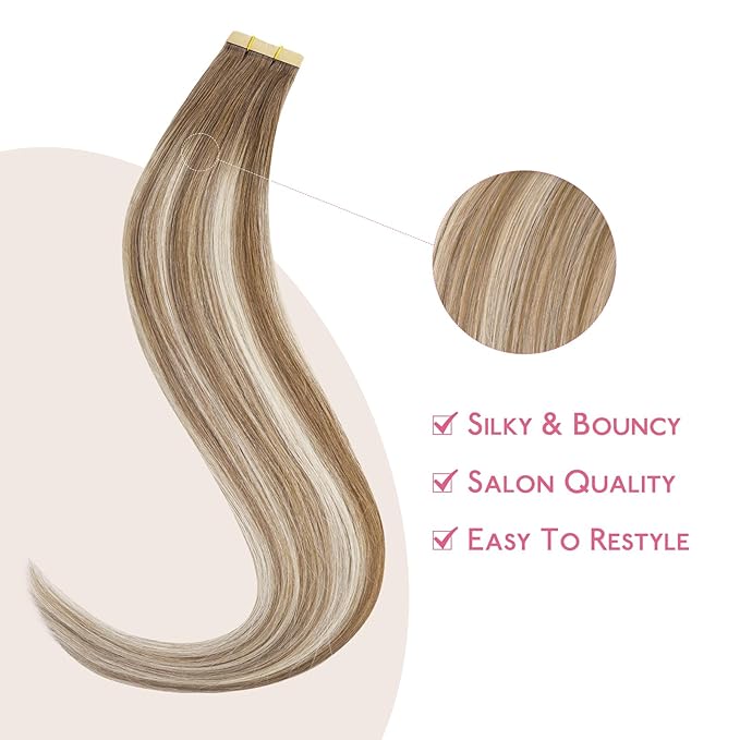 WENNALIFE Tape in Hair Extensions Human Hair Balayage Dirty Blonde with Platinum Ends Tape in Extensions, 10pcs 30g 26 inch Remy Invisible Tape Ins Straight Colored Soft Refill Set
