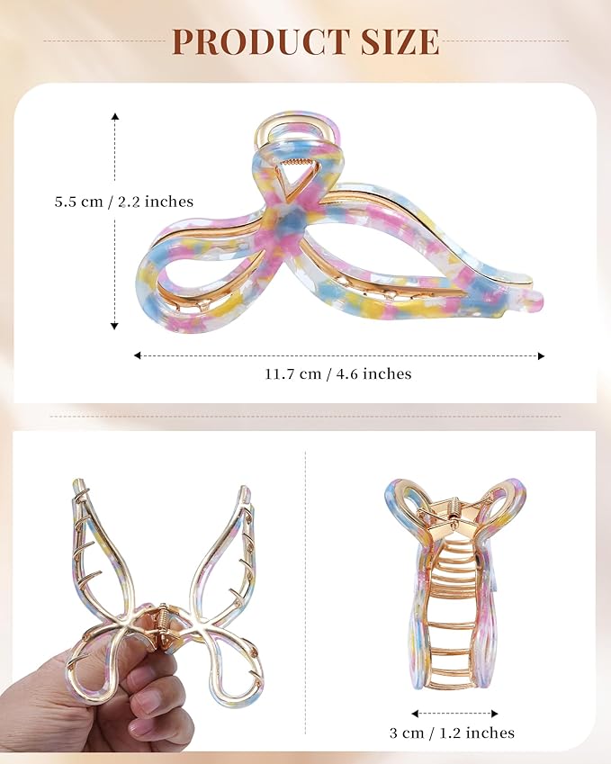 ACECHA 2 Pack Gold Metal Bow Hair Claw Clips for Women, 4.5" Colorful Non-slip Hairclips for Thick Thin Hair Claws Strong Hold Styling (Mixed Color)