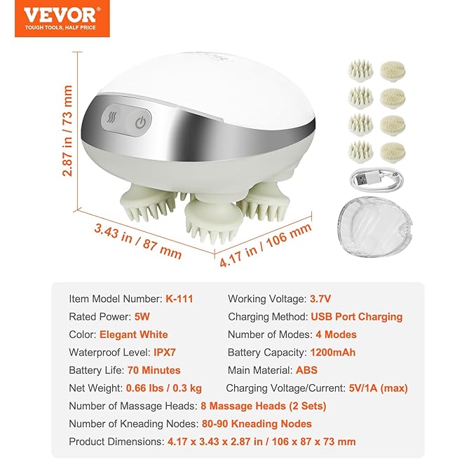 VEVOR Electric Scalp Massager with Heat, Rechargeable Heated Head Massager, IPX7 Waterproof | Portable Kneading Scalp Scratcher with 8 Removable Massage Head for Hair Growth, Deep Clean, Stress Relax