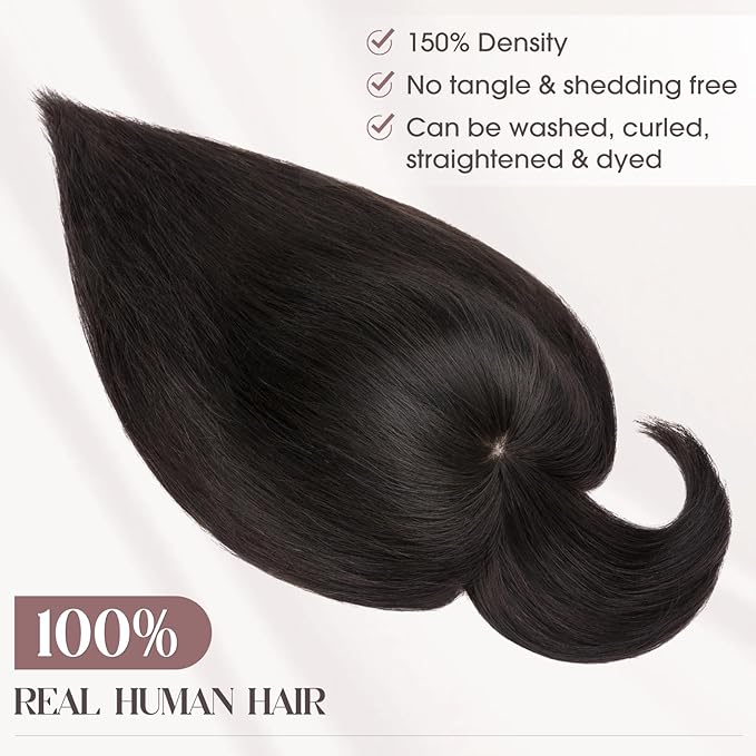 MY-LADY Human Hair Toppers for Women Real Human Hair with Bangs Thin 8.5 * 8.5CM Mono Base Clip in Remy Hairpieces Light Weight 10 Inch Natural Black