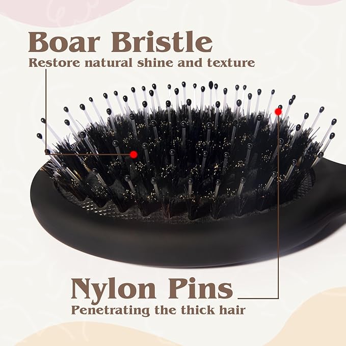 Mini Boar Bristle Hair Brush - Boar & Nylon Bristle Small Brush for Women Kids Long Short Hair to Smooth Add Shine - Travel Size Hair Brush for Purse,Pocket, Black