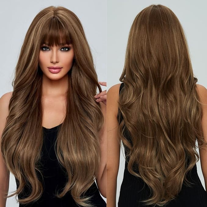 EMMOR Long Curly Light Brown Wigs with Bangs for Women, Heat Resistant Synthetic Wavy Wigs for Daily/Party/Cosplay