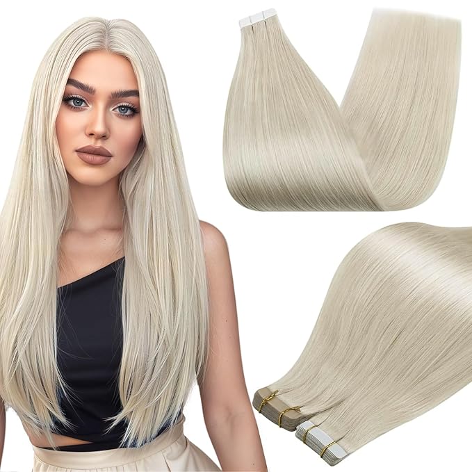 Full Shine Tape In Hair Extensions White Blonde Tape Hair Extensions Real Human Hair Lightweight Seamless Skin Weft Silky Straight 16Inch Remy Brazilian Extension 50G 20Pcs Natural