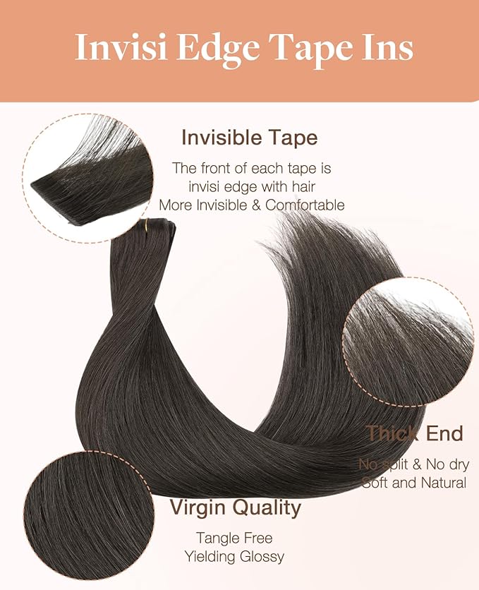 GOO GOO Invisi Edge Tape in Hair Extensions Human Hair, 1C Mocha Brown 10pcs injected with 10pcs classical tape ins, 12inch 40g, Virgin Remy Hair, Natural Look