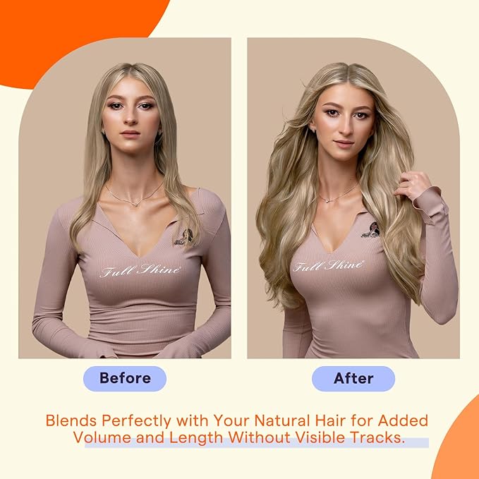 Full Shine Tape in Extensions Human Hair 18 Inch Color 16 Light Golden Blonde Highlighted 22 Blonde Seamless Double Sided Human Hair Extensions Tape in 40PCS Invisible Remy Hair 100 Grams for Wedding
