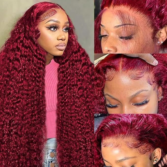 38 Inch 99J Burgundy 13x6 Lace Front Wigs Human Hair Red Burgundy Wig 200% Density Deep Wave Lace Front Wigs Human Hair Pre Plucked Glueless HD Lace Frontal Wigs for Women