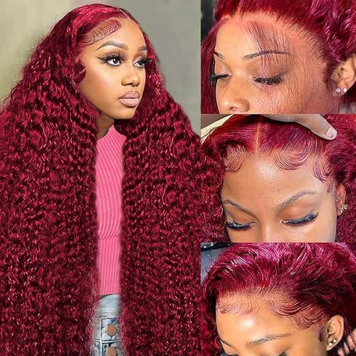38 Inch 99J Burgundy 13x6 Lace Front Wigs Human Hair Red Burgundy Wig 200% Density Deep Wave Lace Front Wigs Human Hair Pre Plucked Glueless HD Lace Frontal Wigs for Women