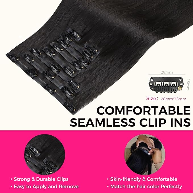 Lashey Seamless Clip in Hair Extensions Human Hair 9pcs 130g Light Yaki Straight Clip in Hair Extensions 14 Inch Natural Black Hair Extension with Invisi Edge