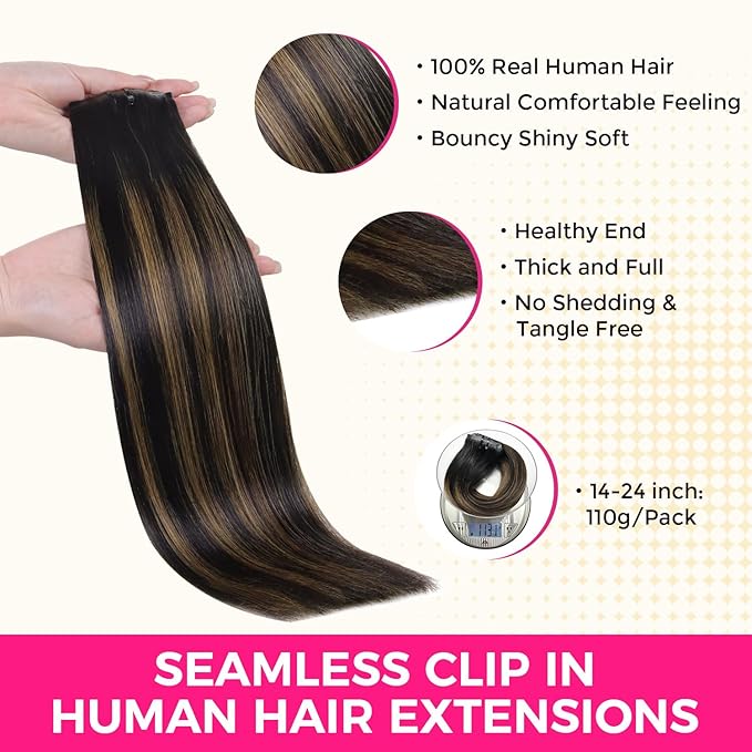 Lashey Seamless Hair Extensions Clip ins Staright 110g Natural Black Mixed Chestnut Brown 14 Inch 7pcs PU Weft Clip in Hair Extensions Real Human Hair with Invisi Edge for Black Women