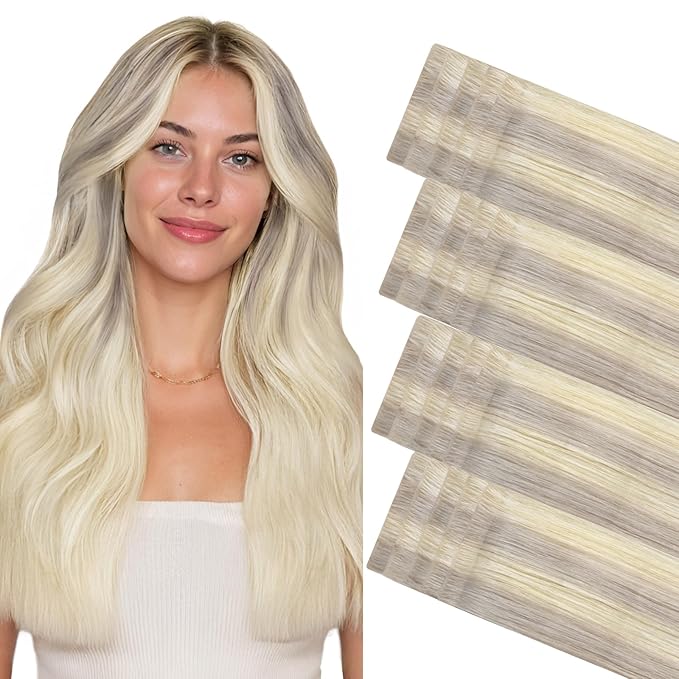GOO GOO Invisi Edge Tape in Hair Extensions Human Hair, 17/22/60 Balayage Ash Blonde to Golden Blonde and Platinum Blonde, 20pcs 18inch 50g, Virgin Remy Hair, Seamless Injected Tape, Natural Look