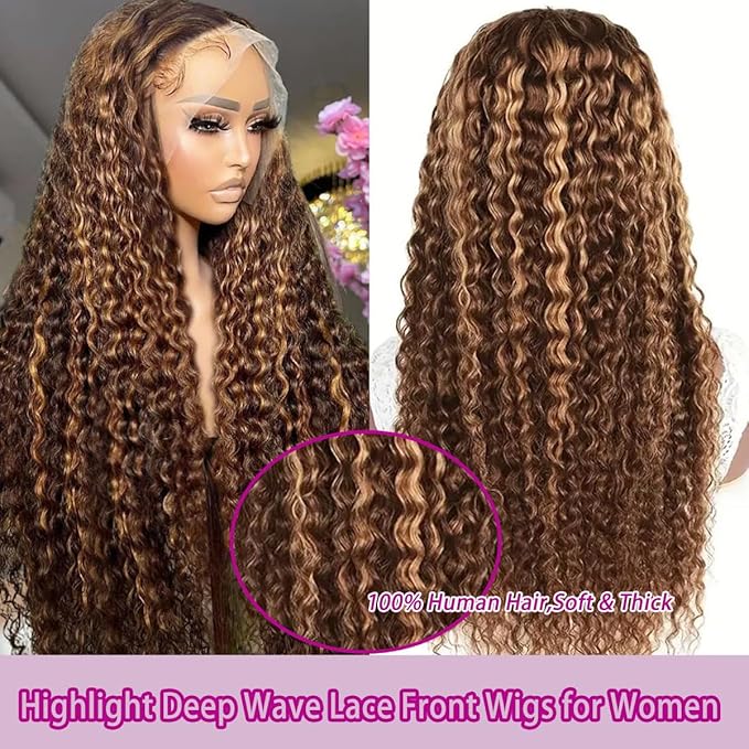 P4/27 Highlight Deep Wave Wig Human Hair 13X6 Highlight Lace Front Wig Human Hair 210% Density Ombre Curly HD Transparent Lace Frontal Wigs Human Hair Wet and Wavy Wig Pre Plucked 22 Inch