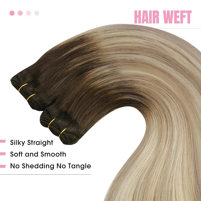YoungSee 100G Sew in Hair Extensions Real Human Hair Ombre Blonde Weft Hair Extensions Brown Roots to Golden Blonde Mix Platinum Blond Weft Extensions for Short Hair 14Inch