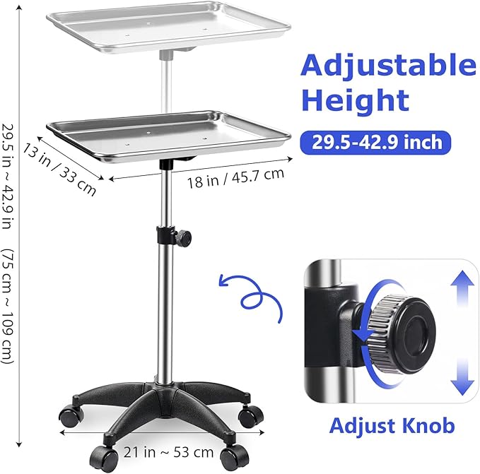 Rolling Salon Tray, Adjustable Salon Tray on Wheels, Premium Aluminum Tattoo Tray Cart for Spa Clinic, Silver