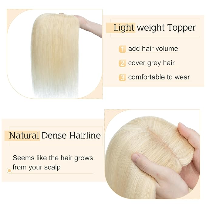 SEGO Human Hair Toppers for Women With Thinning Hair, 7 * 13CM Silk Base 100% Real Human Hair Clip in Top Wiglet Hairpieces /14 Inch No Bangs Platinum Blonde