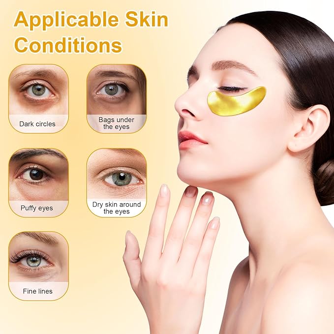 Under Eye Patches, 20pcs Eye Masks for Dark Circles and Puffiness Wrinkles with Collagen Hydrating 24k Gold Eye Patches for Eye Bags Around The Eyes Skincare Treatment