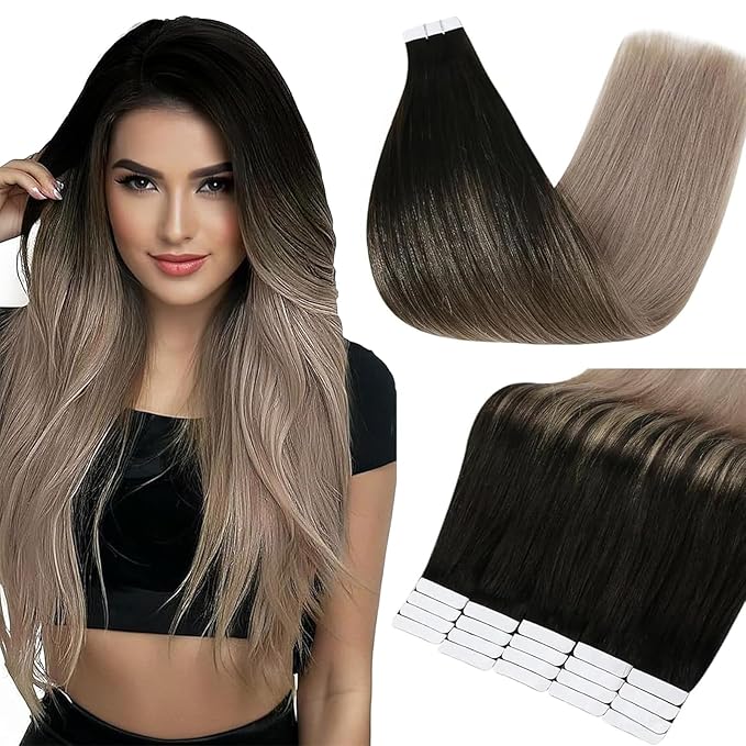 Full Shine Tape in Hair Extensions Human Hair Color 1B/18 Black to Blonde Straight Remy Double Sided Tape in Extensions Real Human Hair 16 Inch Straight Seamless Skin Weft 20PCS 50g for Wedding